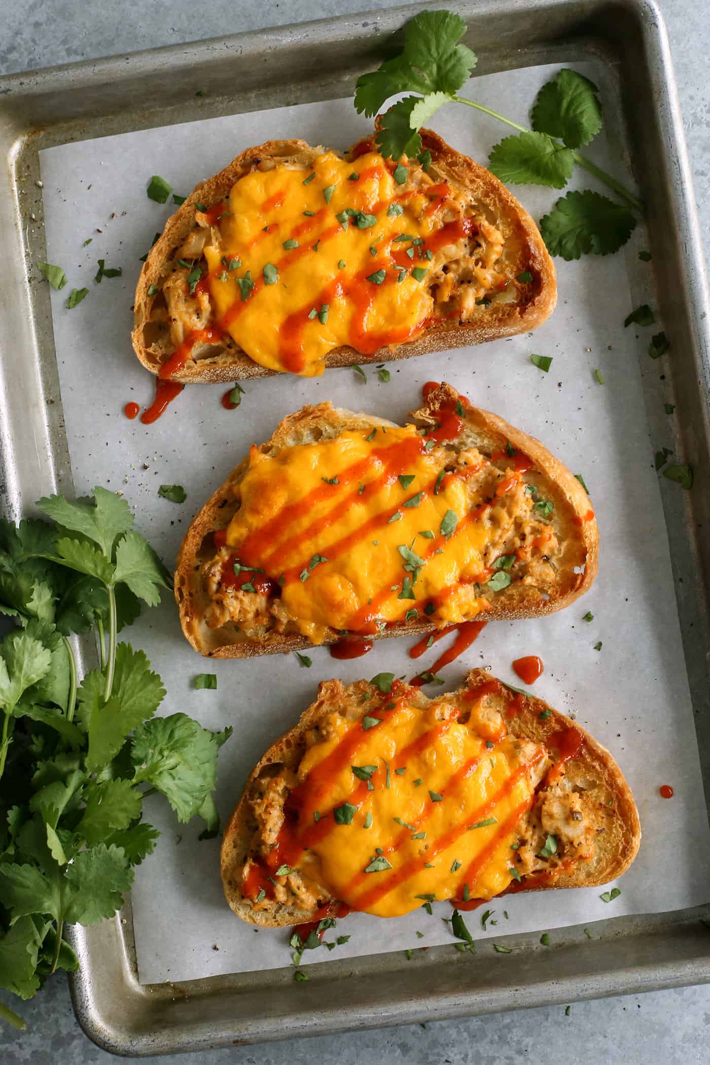 overhead photo of sriracha tuna melt sandwiches