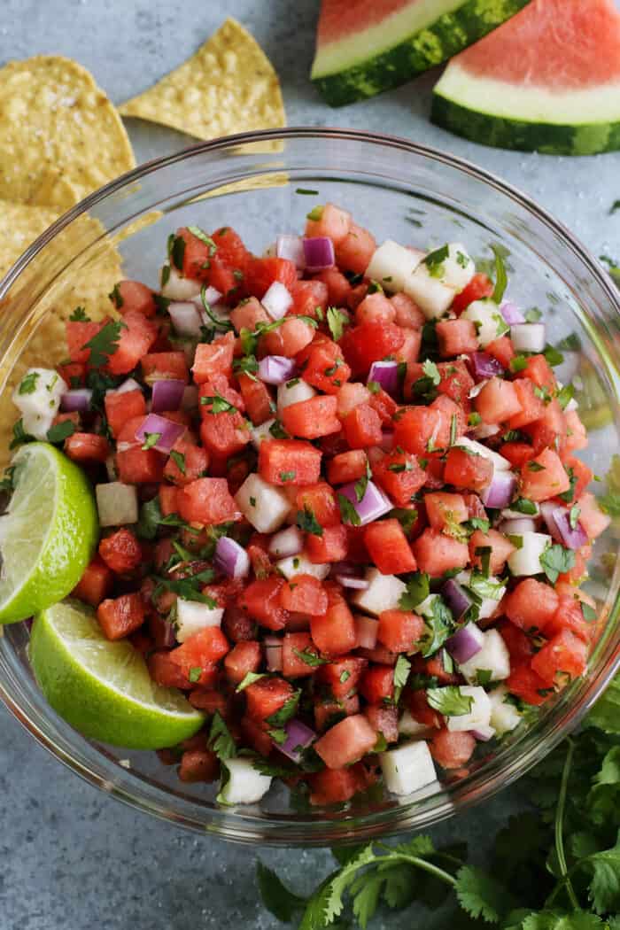 salsa made of watermelon, jicama, jalapeno, red onion, and lime