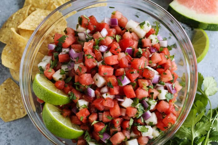 fresh watermelon jicama salsa in a clear bowl