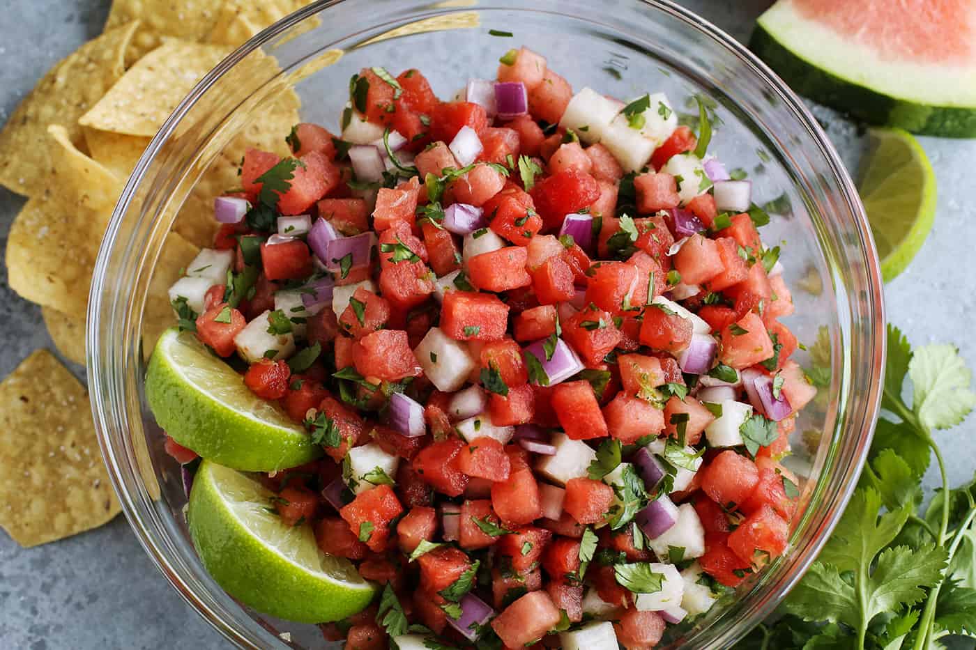 fresh watermelon salsa in a clear bowl
