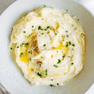 Recipe card photo for creamy mashed potatoes.