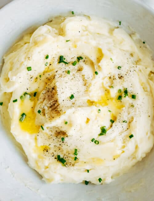 Recipe card photo for creamy mashed potatoes.