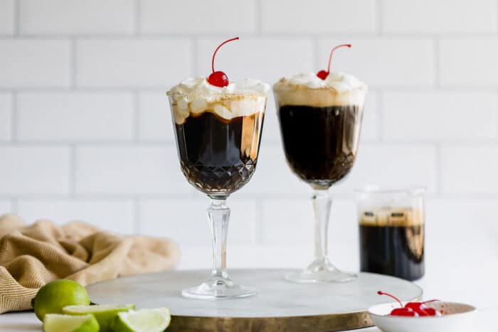 2 stemmed glasses of dessert coffee cocktails