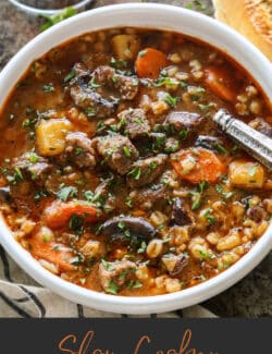 Pinterest image for slow cooker beef barley stew