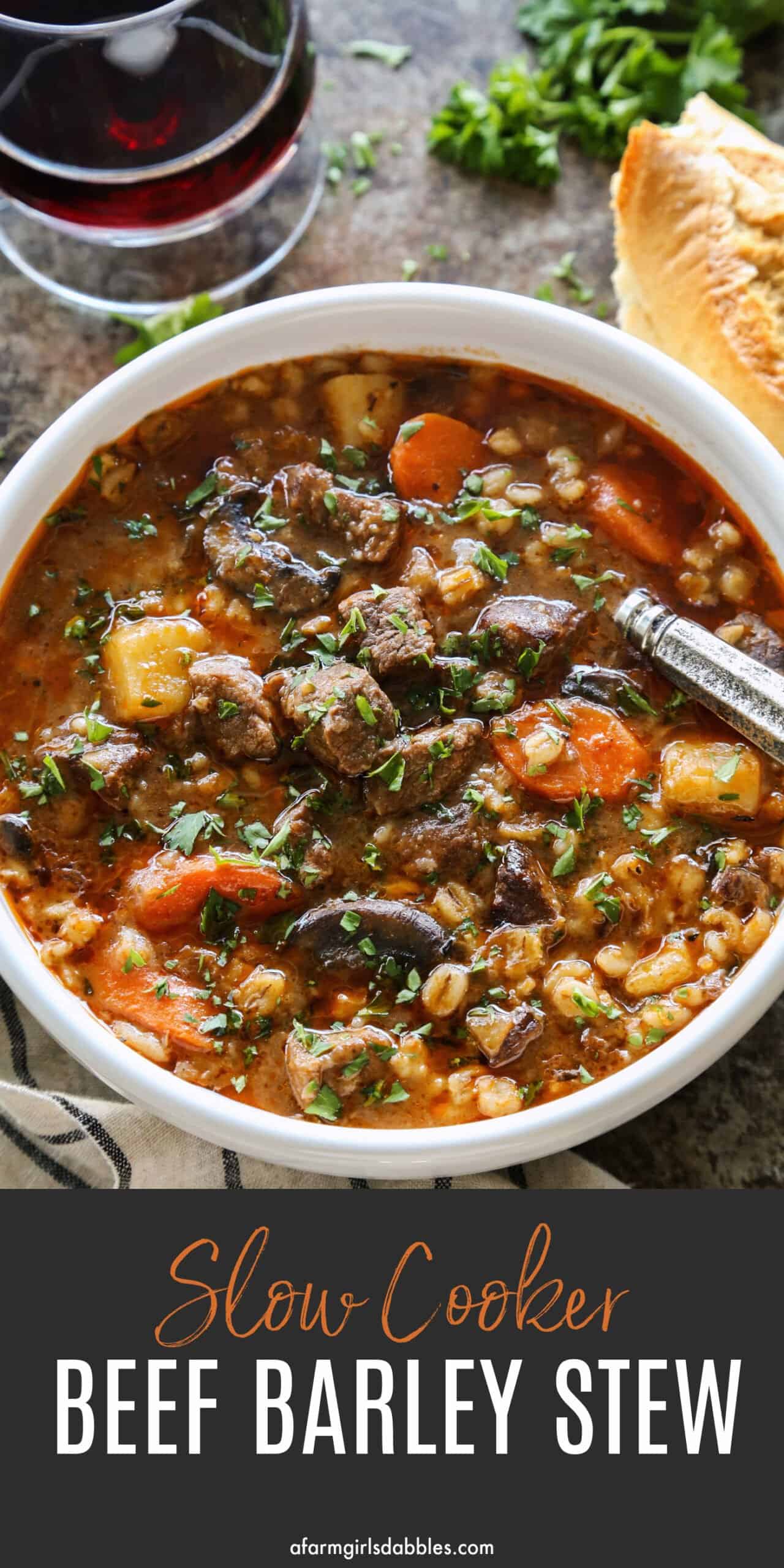 stew made from beef, barley, carrots, potatoes and mushrooms, in a white bowl