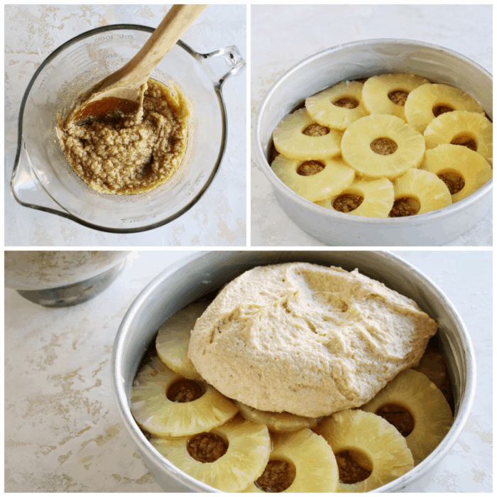 collage of photos showing different stages of making pineapple cake