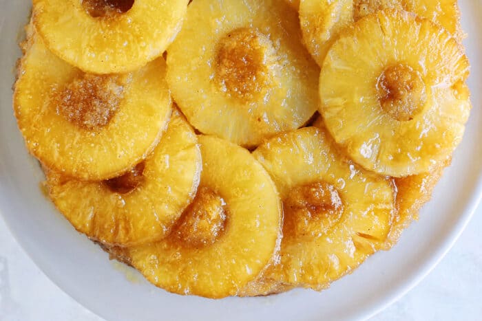 overhead photo of baked pineapple cake