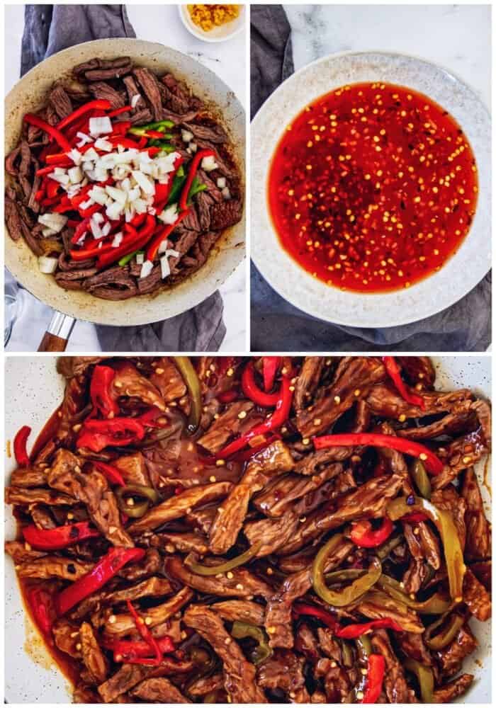 collage of images showing sautéeing the beef and vegetables, the sauce, and the finished Beijing beef