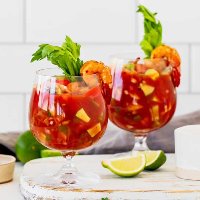 Mexican style shrimp cocktail in two stemmed glasses