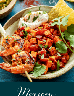 Pinterest image for Mexican grilled shrimp bowls with sweet potatoes and tomatoes