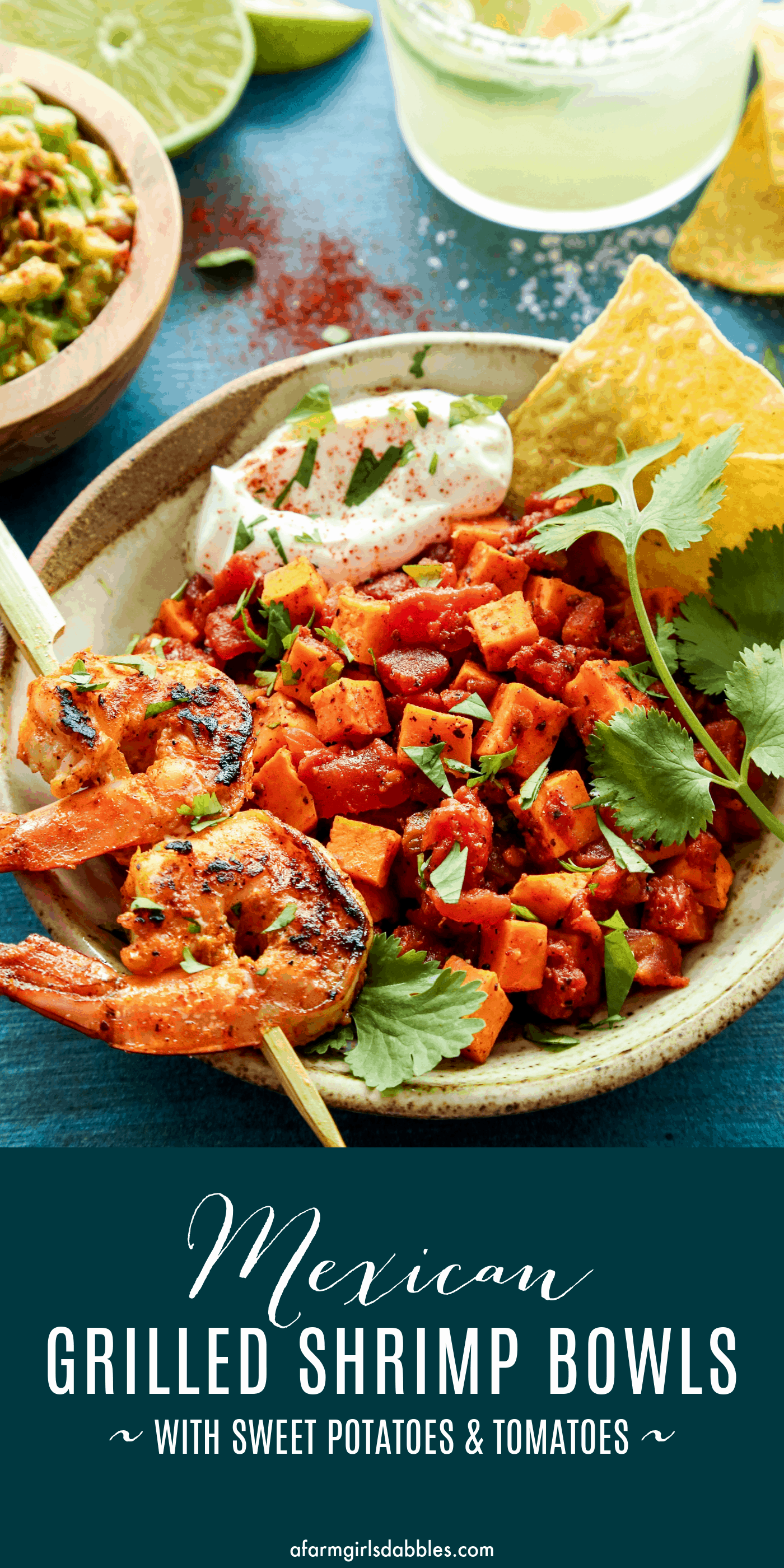 Pinterest image for Mexican grilled shrimp bowls with sweet potatoes and tomatoes