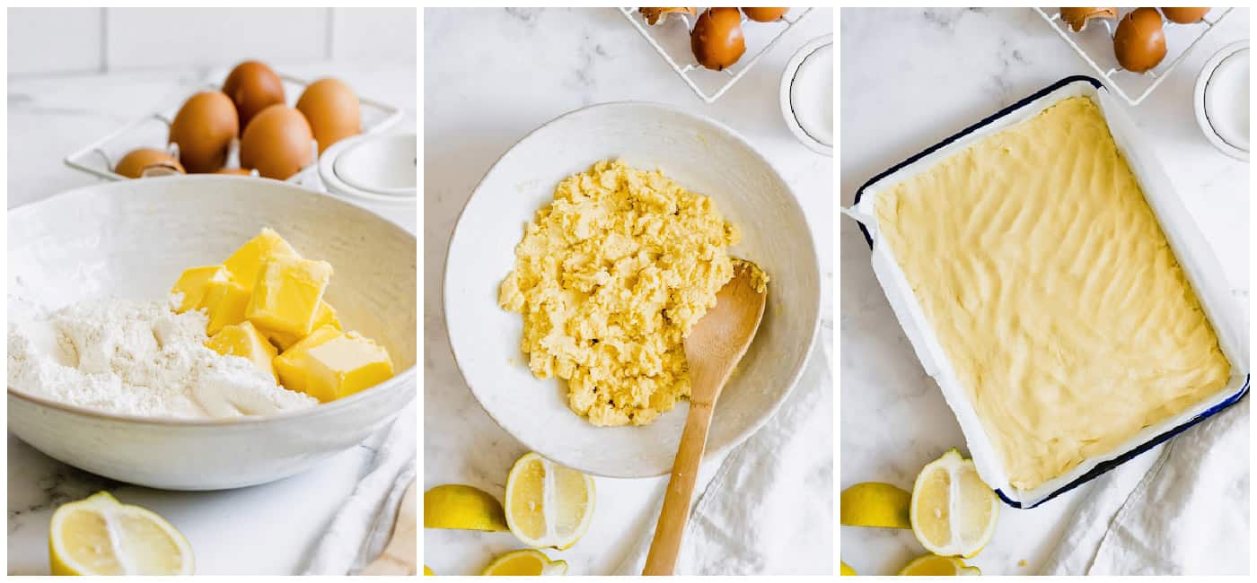 a collage of photos showing how to make the shortbread crust