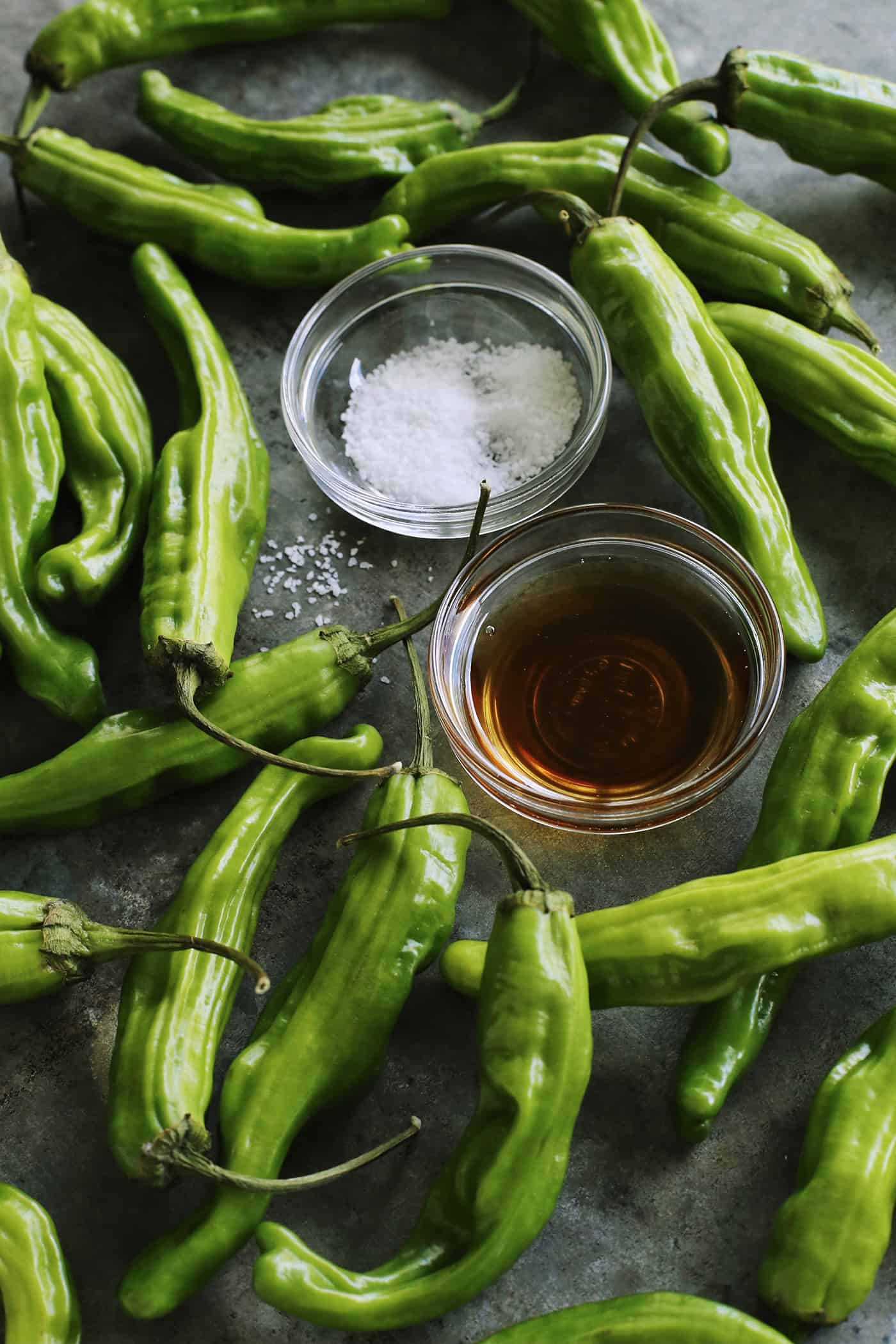 fresh shishito peppers, sesame oil, and kosher salt