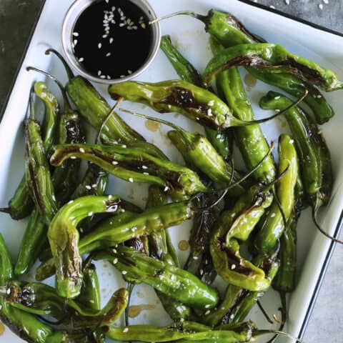 blistered shishitos on a white enamel tray with soy dipping sauce