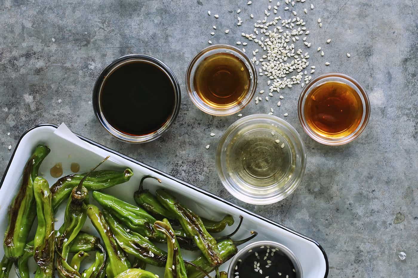 ingredients for soy honey sauce: soy sauce, honey, sesame oil, rice vinegar