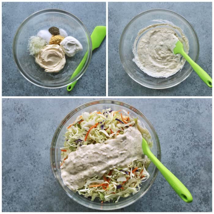 collage of photos showing how to make a creamy coleslaw salad