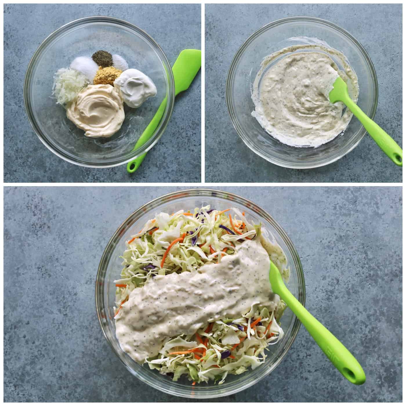 collage of photos showing how to make a creamy coleslaw salad