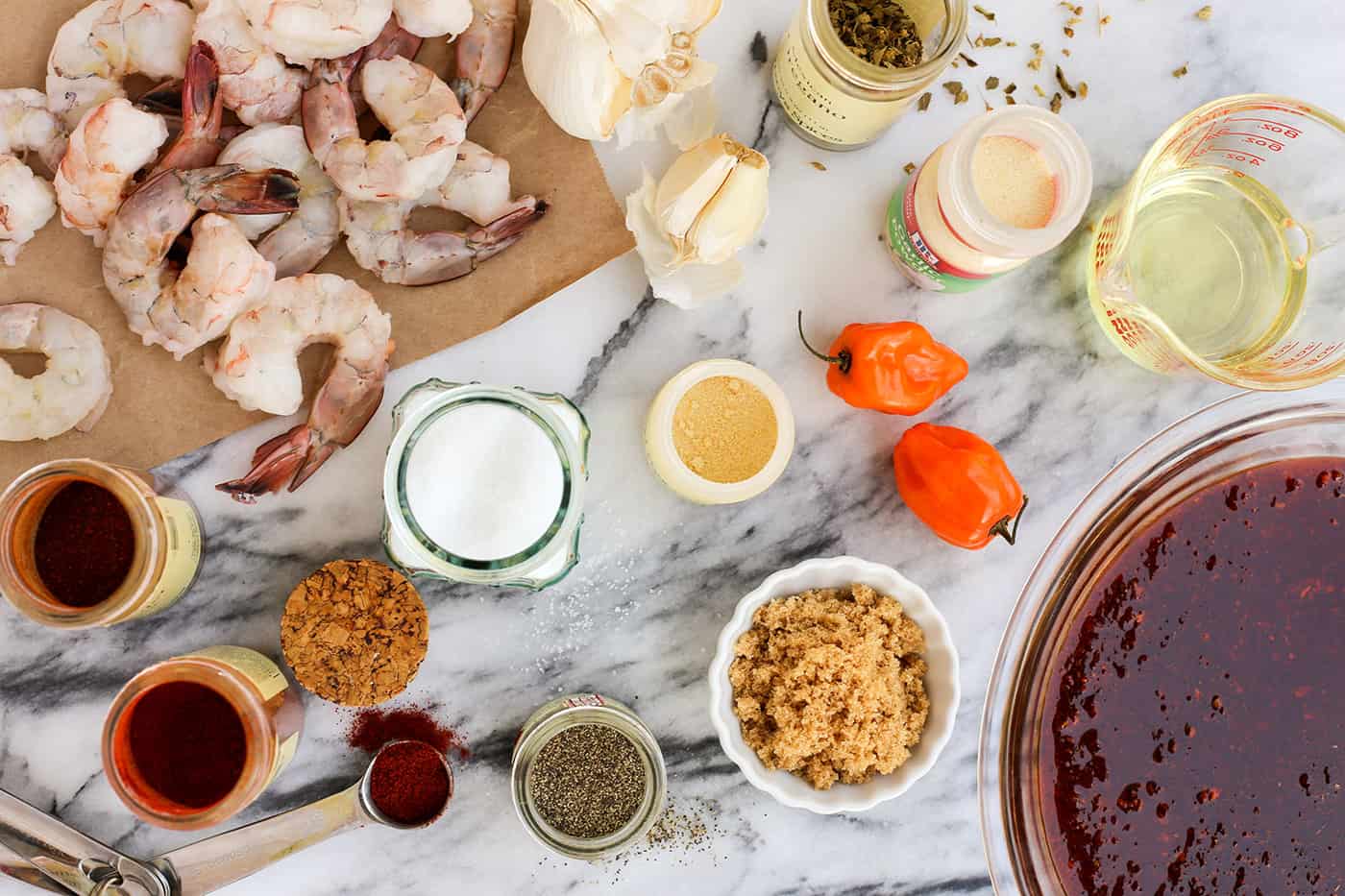 Overhead view of ingredients for Grilled Shrimp Ceviche