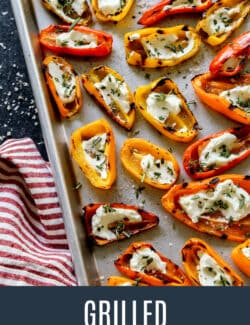 Pinterest image for grilled mini sweet peppers with goat cheese and herbs