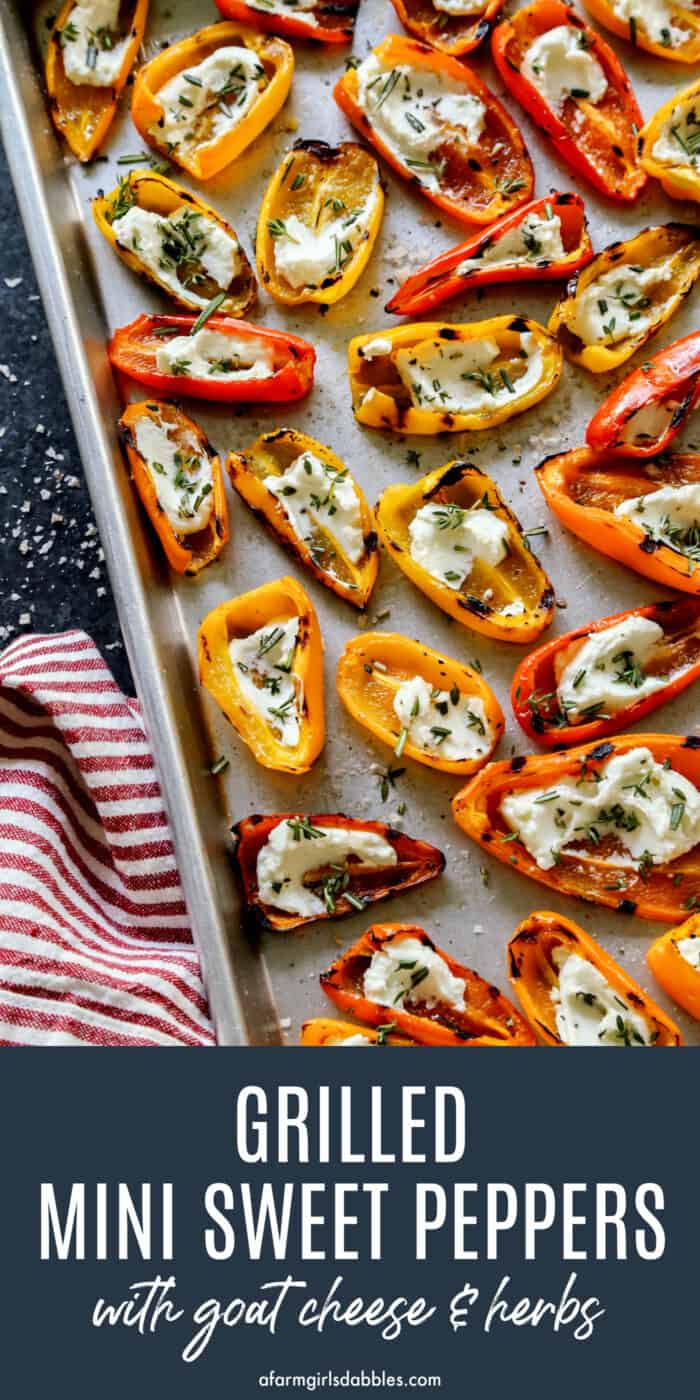 Pinterest image for grilled mini sweet peppers with goat cheese and herbs