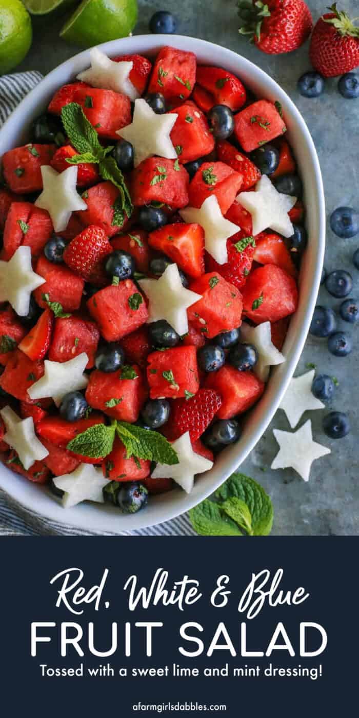 Pinterest image for red, white and blue mojito fruit salad
