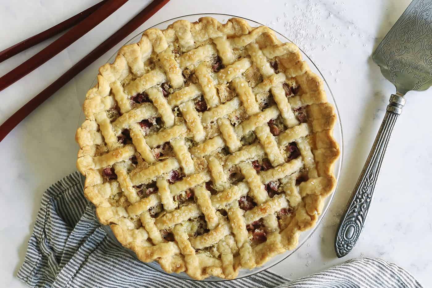 lattice crust on a rhubarb custard pie