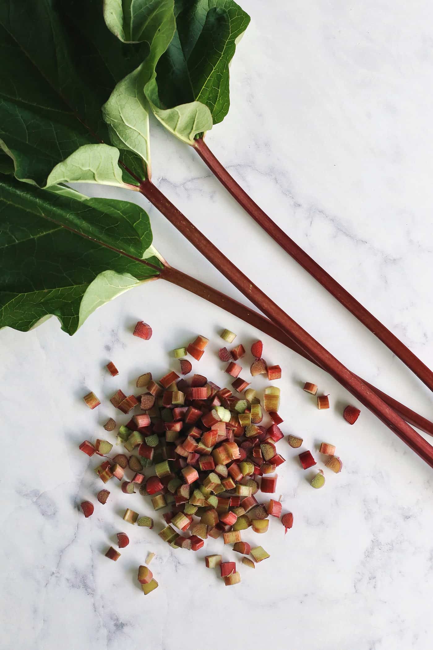 three stalks of rhubarb, plus chopped rhubarb