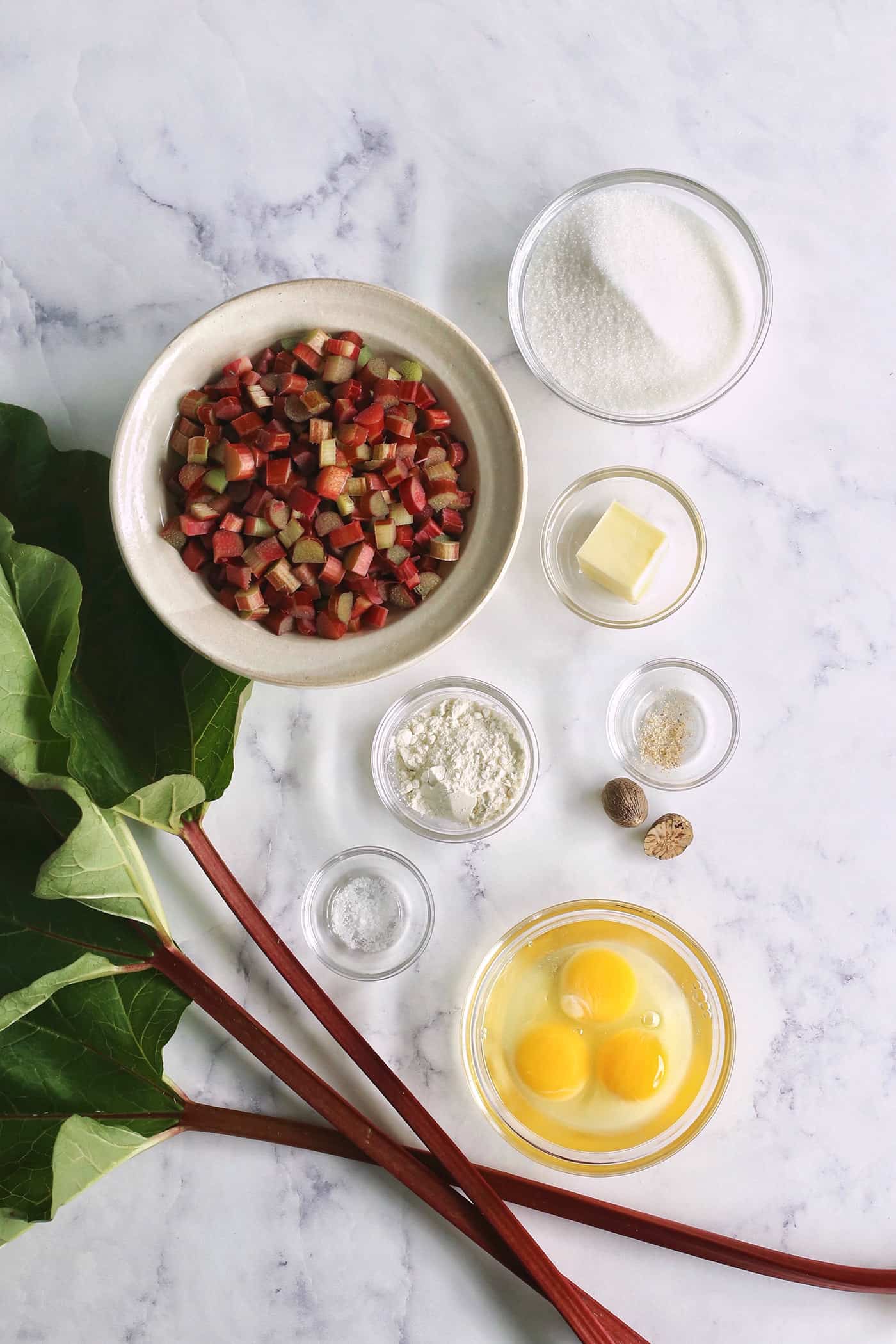 ingredients to make a rhubarb pie with custard filling