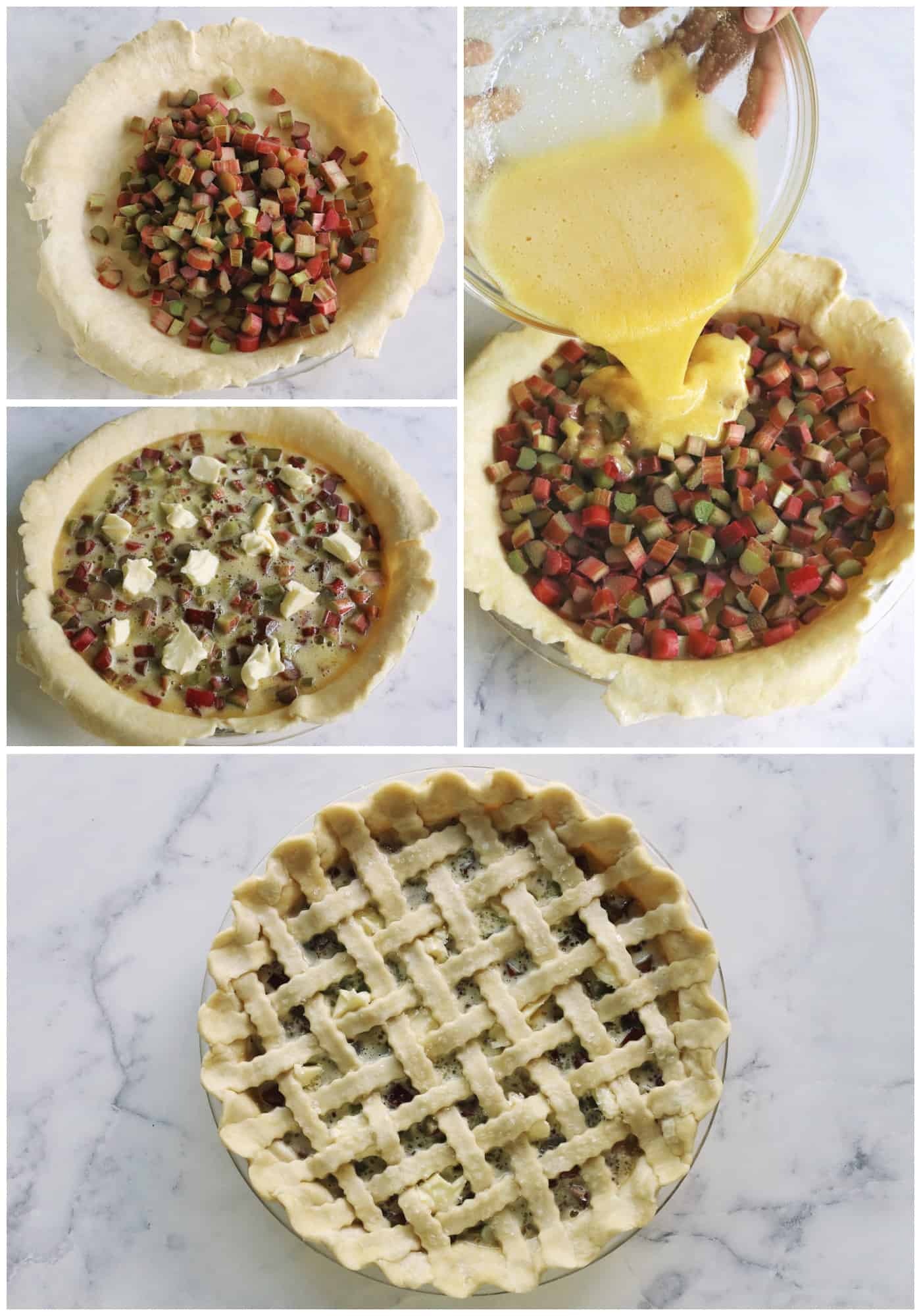 collage of photos showing how to make rhubarb pie