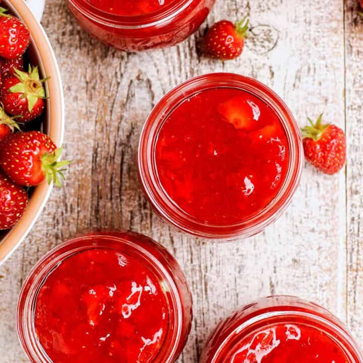 jars of strawberry freezer jam