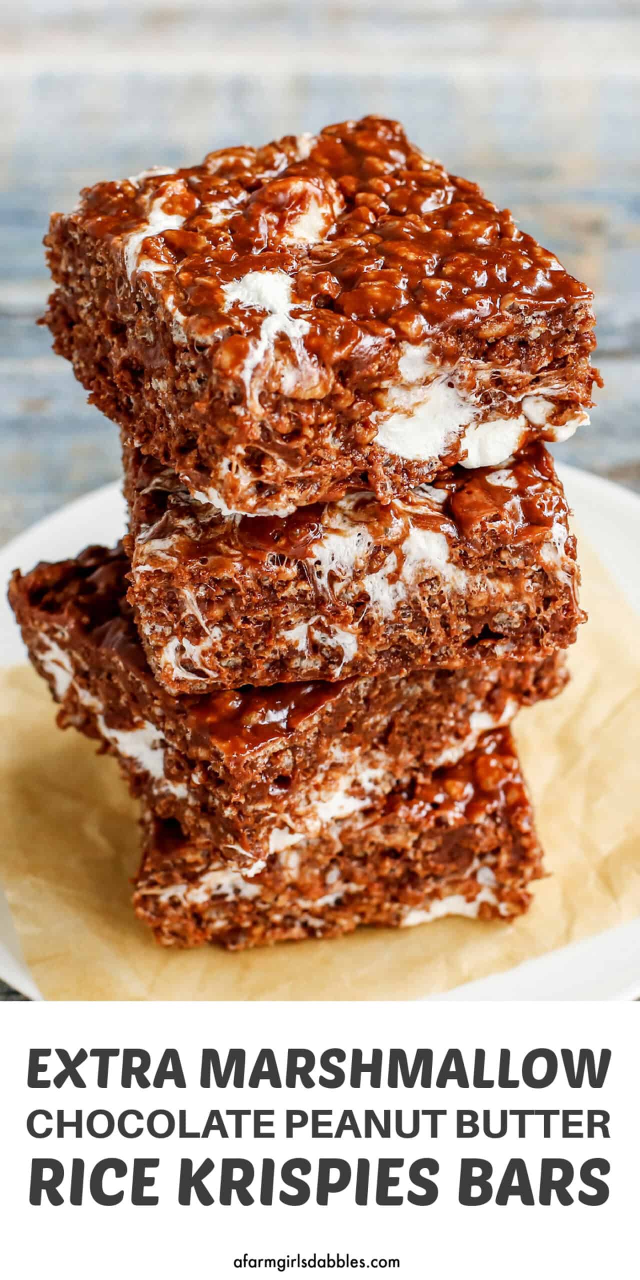 Pinterest image for Extra Marshmallow Chocolate Peanut Butter Rice Krispies Bars