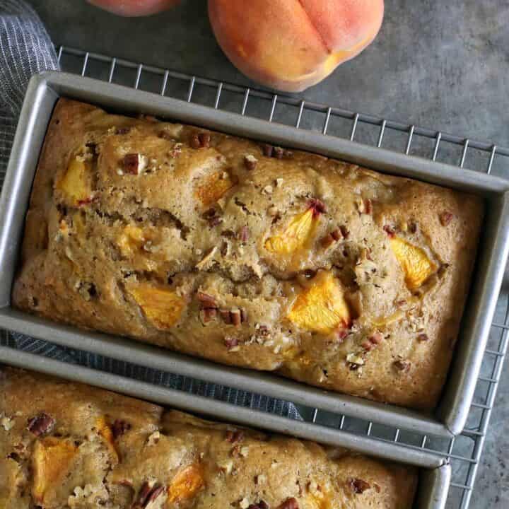 peach bread in baking pans