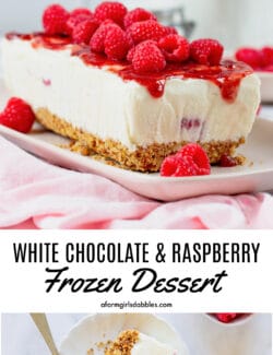 Pinterest image for frozen raspberry dessert with white chocolate and pretzels