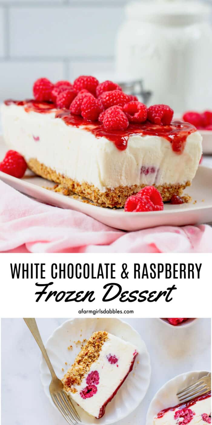 Pinterest image for frozen raspberry dessert with white chocolate and pretzels