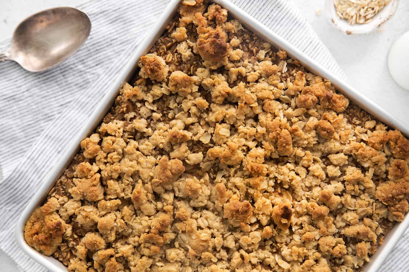 a white baking dish with baked oatmeal