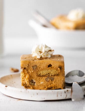 Closeup of Pumpkin Icebox Cake on plate with spoon
