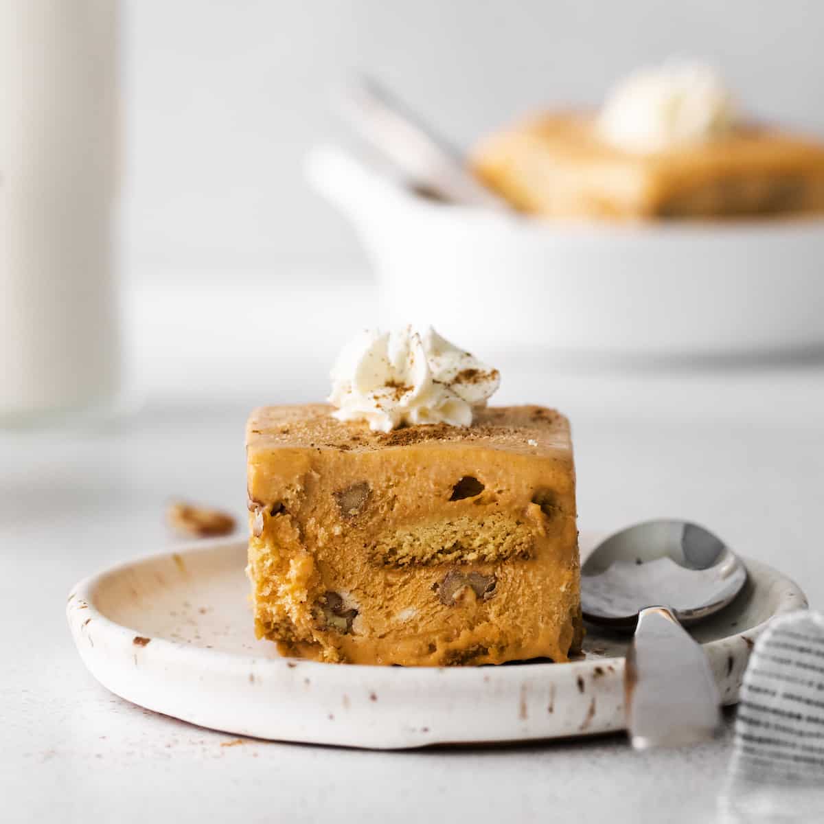 Closeup of Pumpkin Icebox Cake on plate with spoon