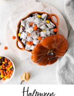 Pinterest image for Halloween Puppy Chow, aka Muddy Buddies