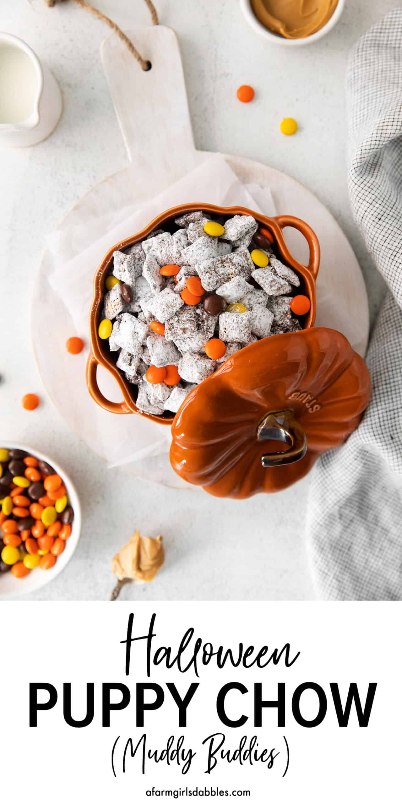 Pinterest image for Halloween Puppy Chow, aka Muddy Buddies