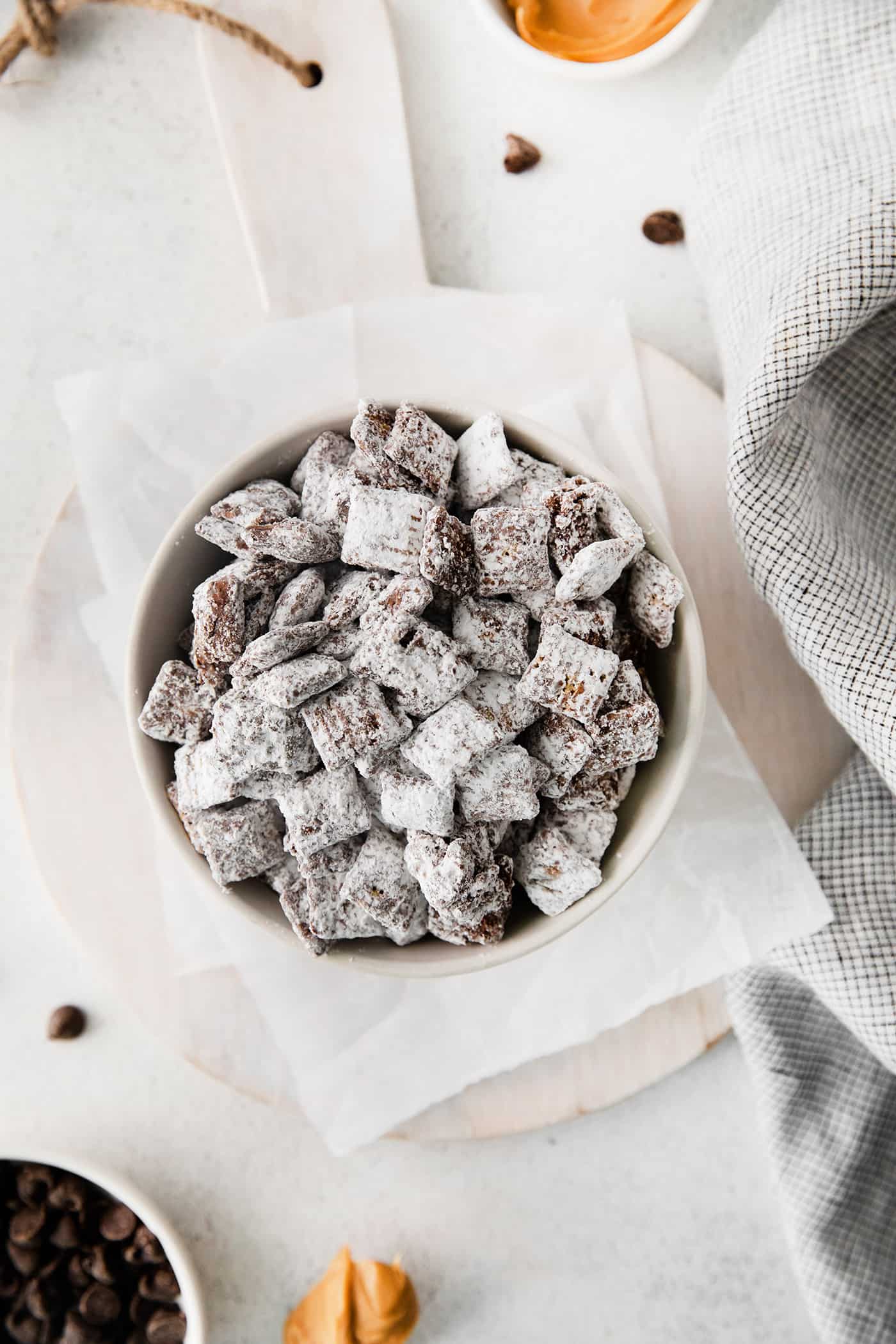 puppy chow in a white bowl