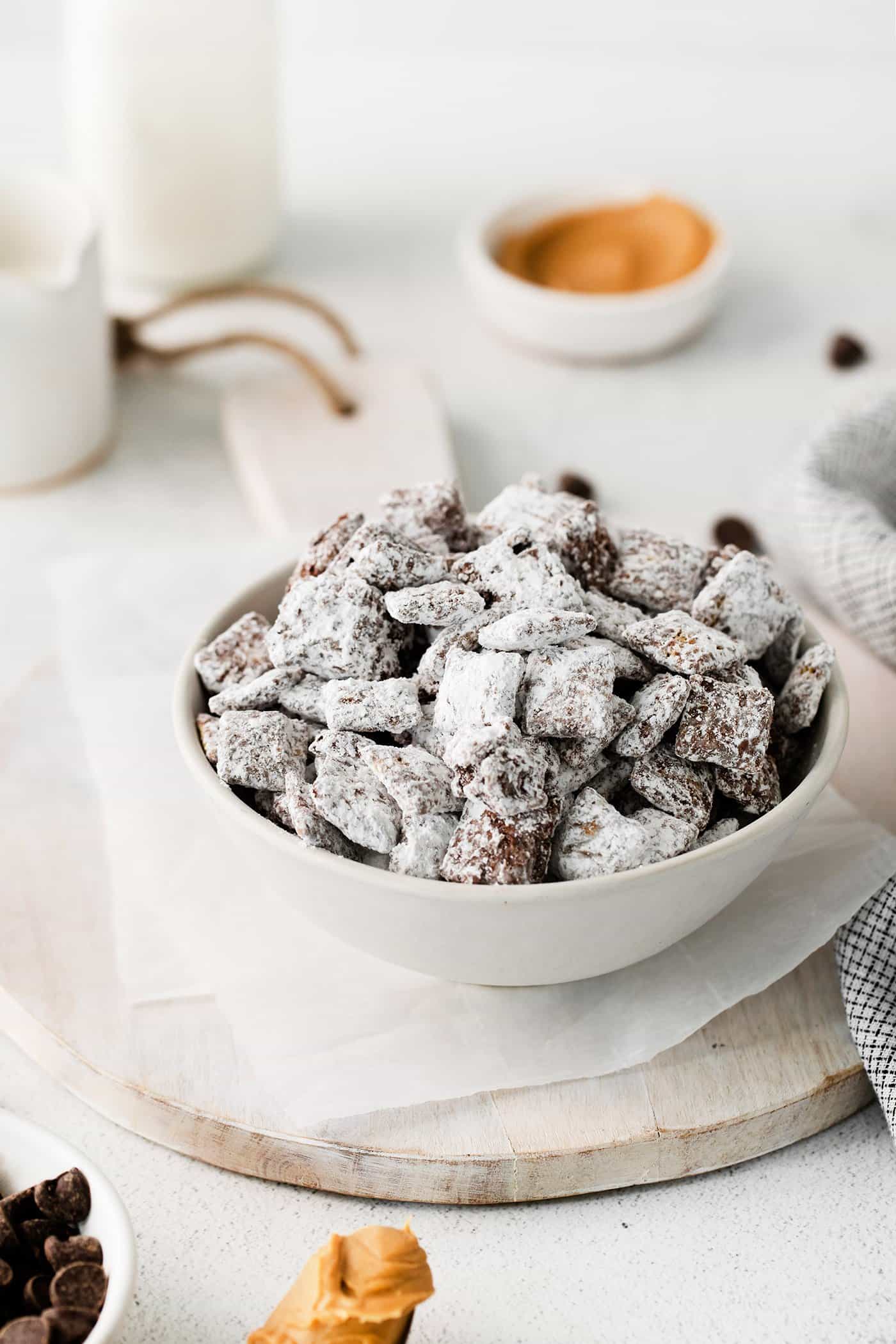 puppy chow in a white bowl