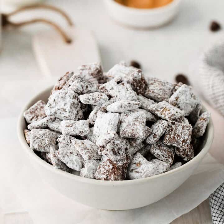 puppy chow in a white bowl