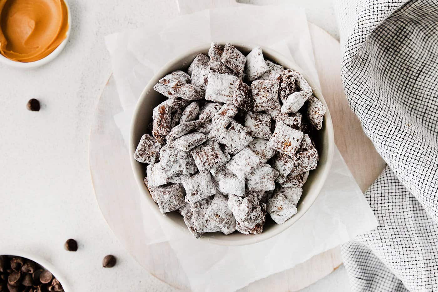 Puppy Chow in a white bowl