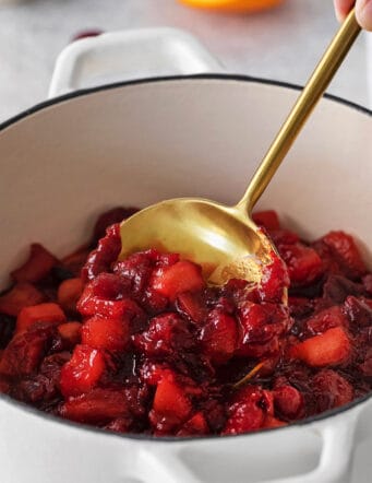 homemade cranberry sauce in in a white pot