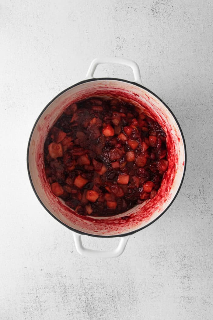 finished homemade cranberry sauce in a white pot