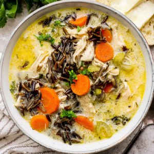 Closeup of chicken wild rice soup in bowl