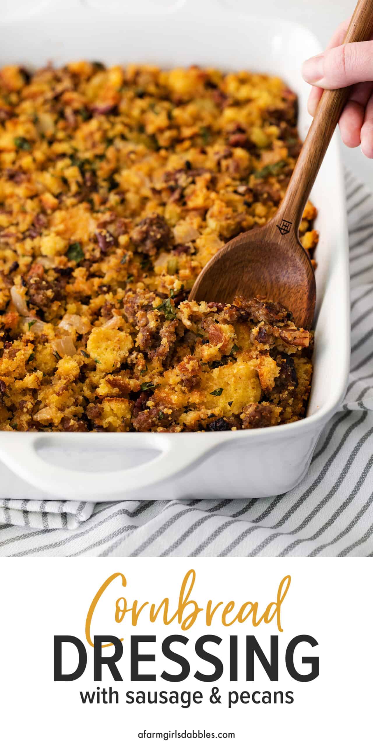 Pinterest image for cornbread dressing with sausage and pecans