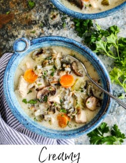 Pinterest image for creamy chicken and wild rice soup