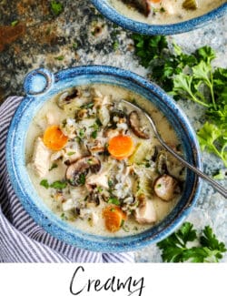 Pinterest image for creamy chicken and wild rice soup.