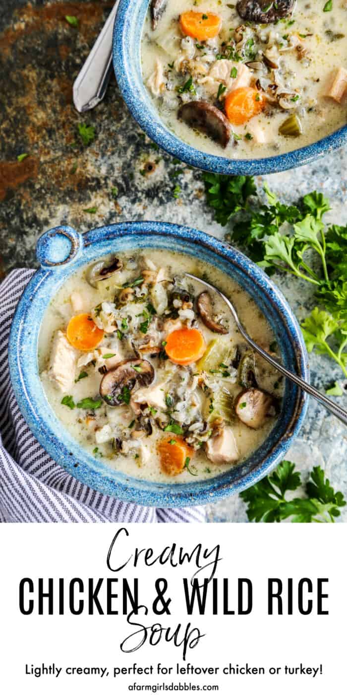 Pinterest image for creamy chicken and wild rice soup